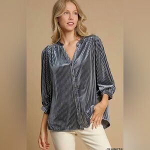 UMGEE  Grey Velvet Button-Up Tunic Blouse 1XL